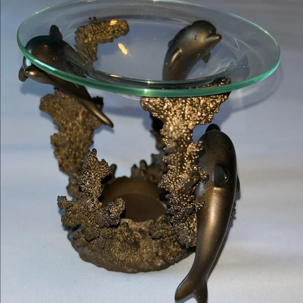 PartyLite Bronze 3 Dolphin Oil Wax Melt Scent Aroma Candle Holder (RETIRED)
